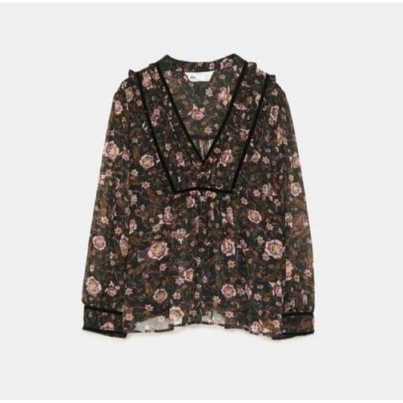 Zara Sheer Floral Blouse Womens Size Medium Black Long Sleeve Boho Peasant Top - Picture 6 of 16